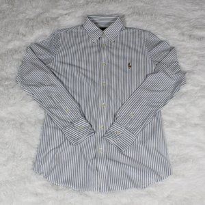 Ralph Lauren Women’s Blue Stripe Knit Oxford Long Sleeve Button Down Shirt M